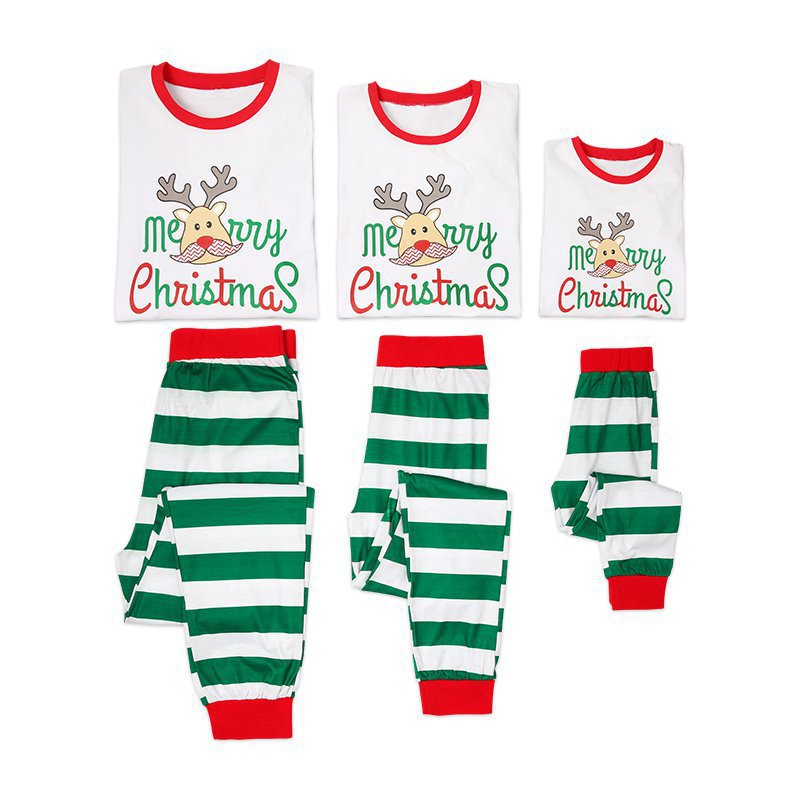 White / Green Long Sleeves Pajamas with stripes bottom - Merry Christmas Printed Top