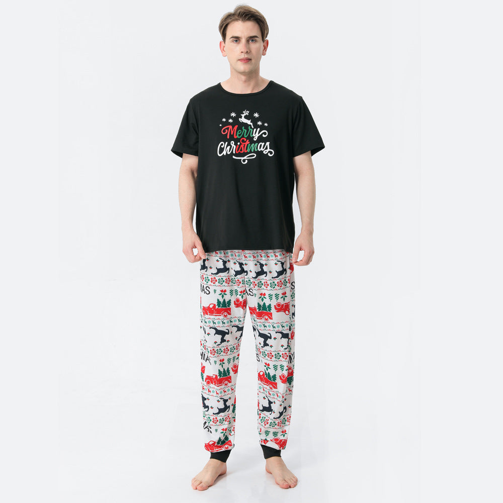 Black Short-sleeved with White Pants Family Christmas Pajamas