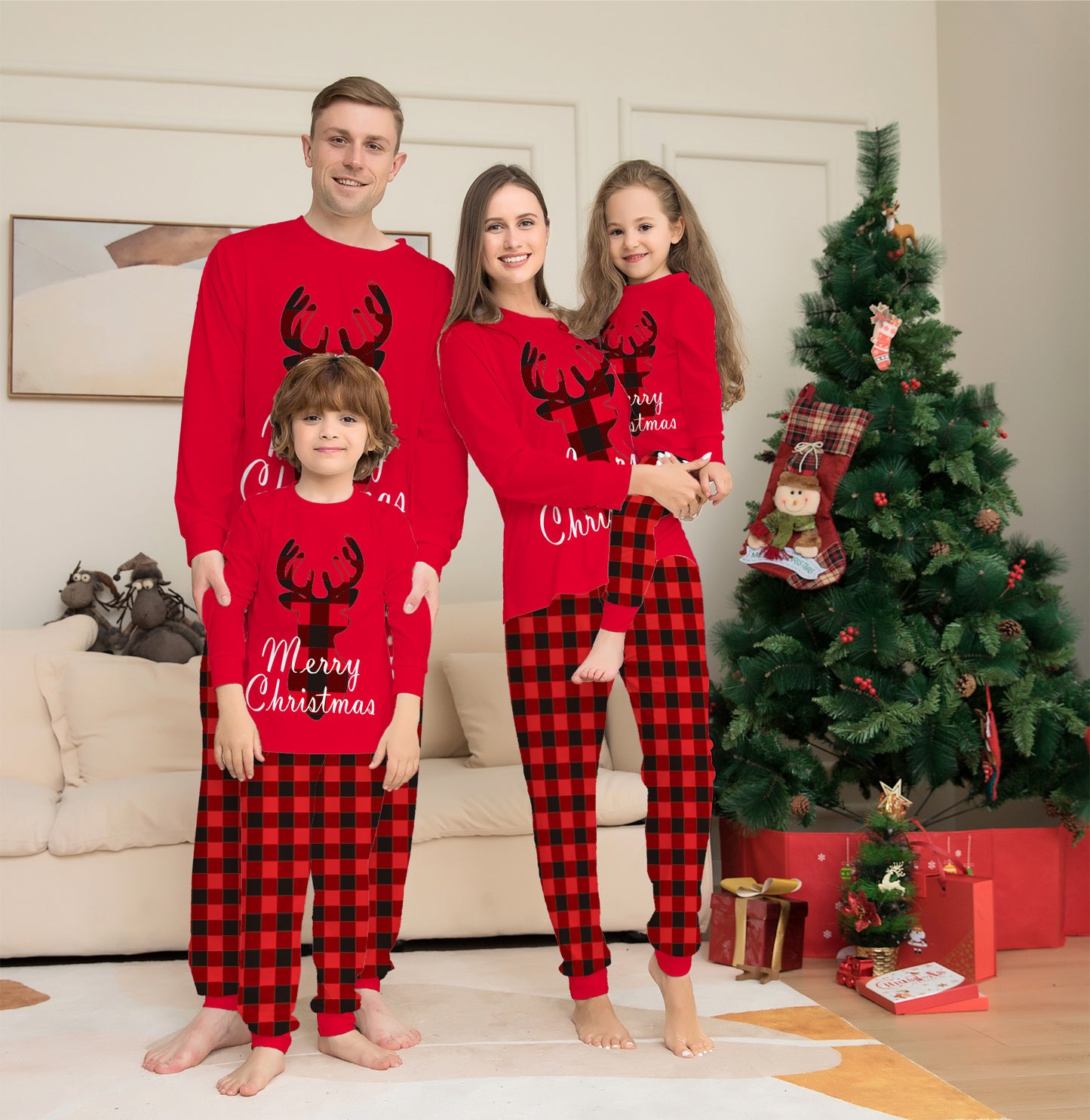 Christmas Family Matching Pajamas Set - Elk Top and Checkered Pants