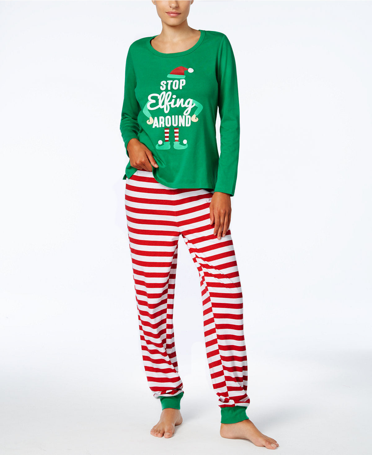 Green with Red Striped Pans Christmas Family Pajamas