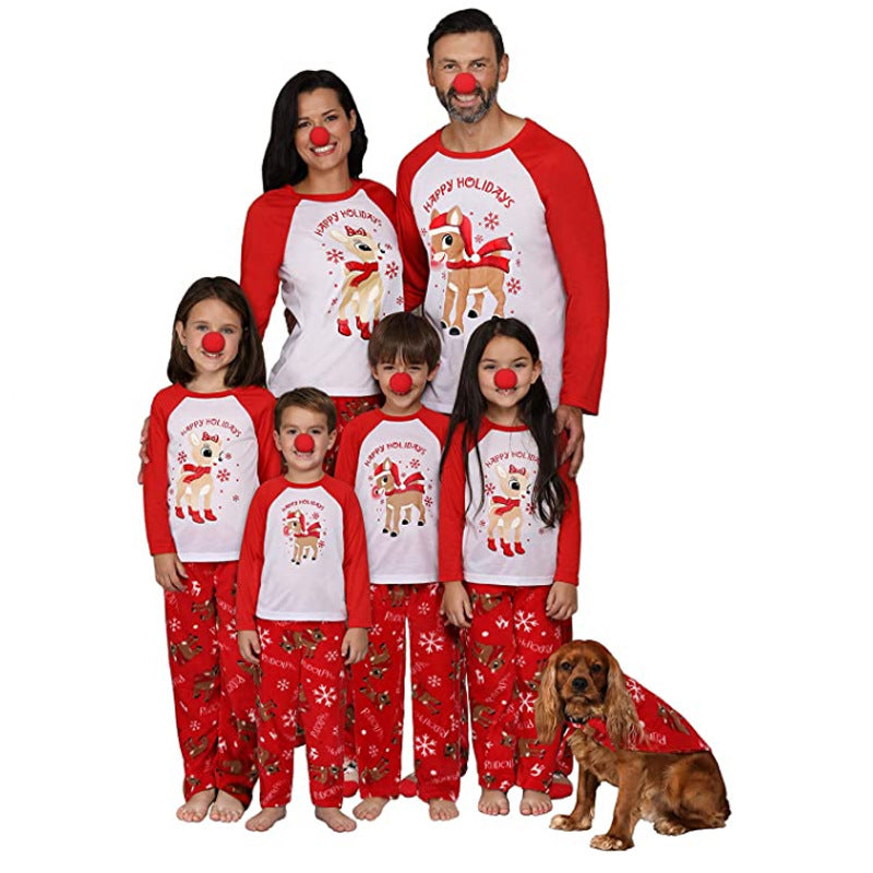 Red and White Christmas Family Pajamas with Cartoon Elk Front