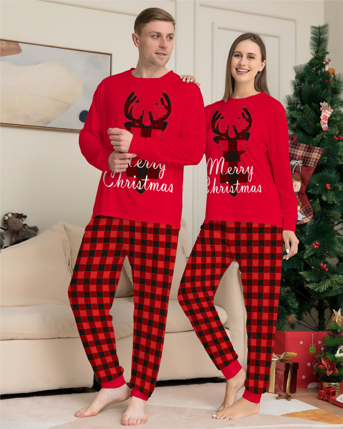 Christmas Family Matching Pajamas Set - Elk Top and Checkered Pants