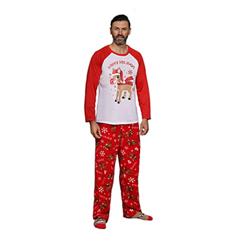 Red and White Christmas Family Pajamas with Cartoon Elk Front