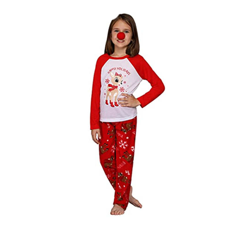 Red and White Christmas Family Pajamas with Cartoon Elk Front