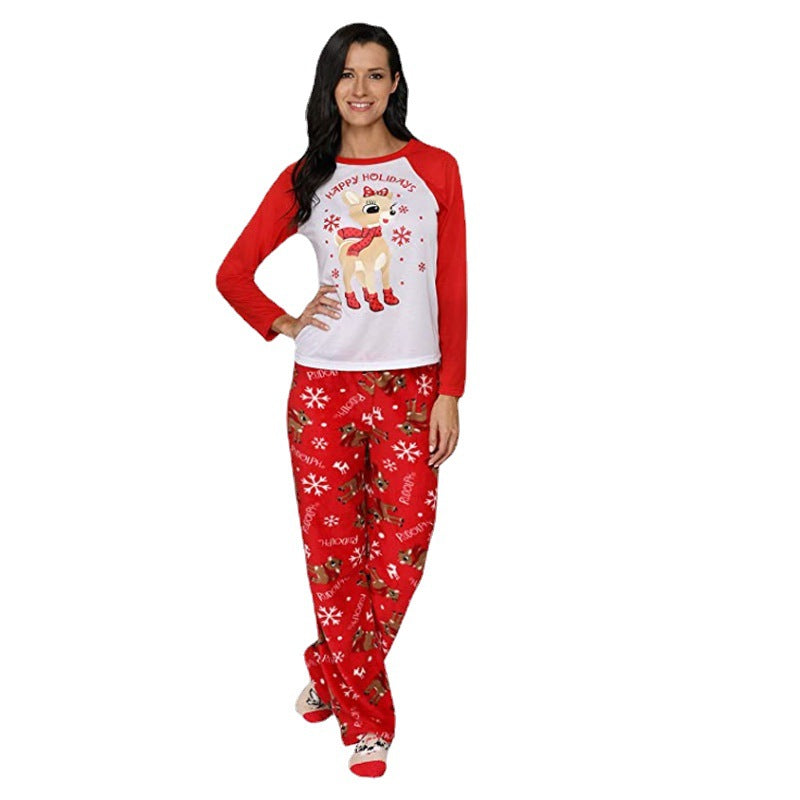 Red and White Christmas Family Pajamas with Cartoon Elk Front