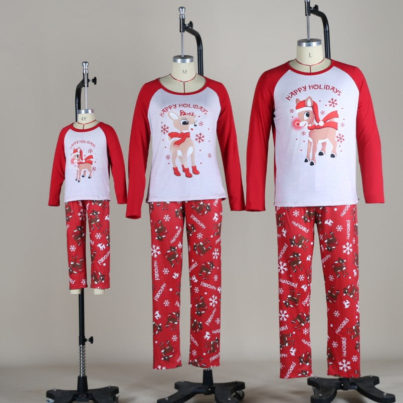 Red and White Christmas Family Pajamas with Cartoon Elk Front