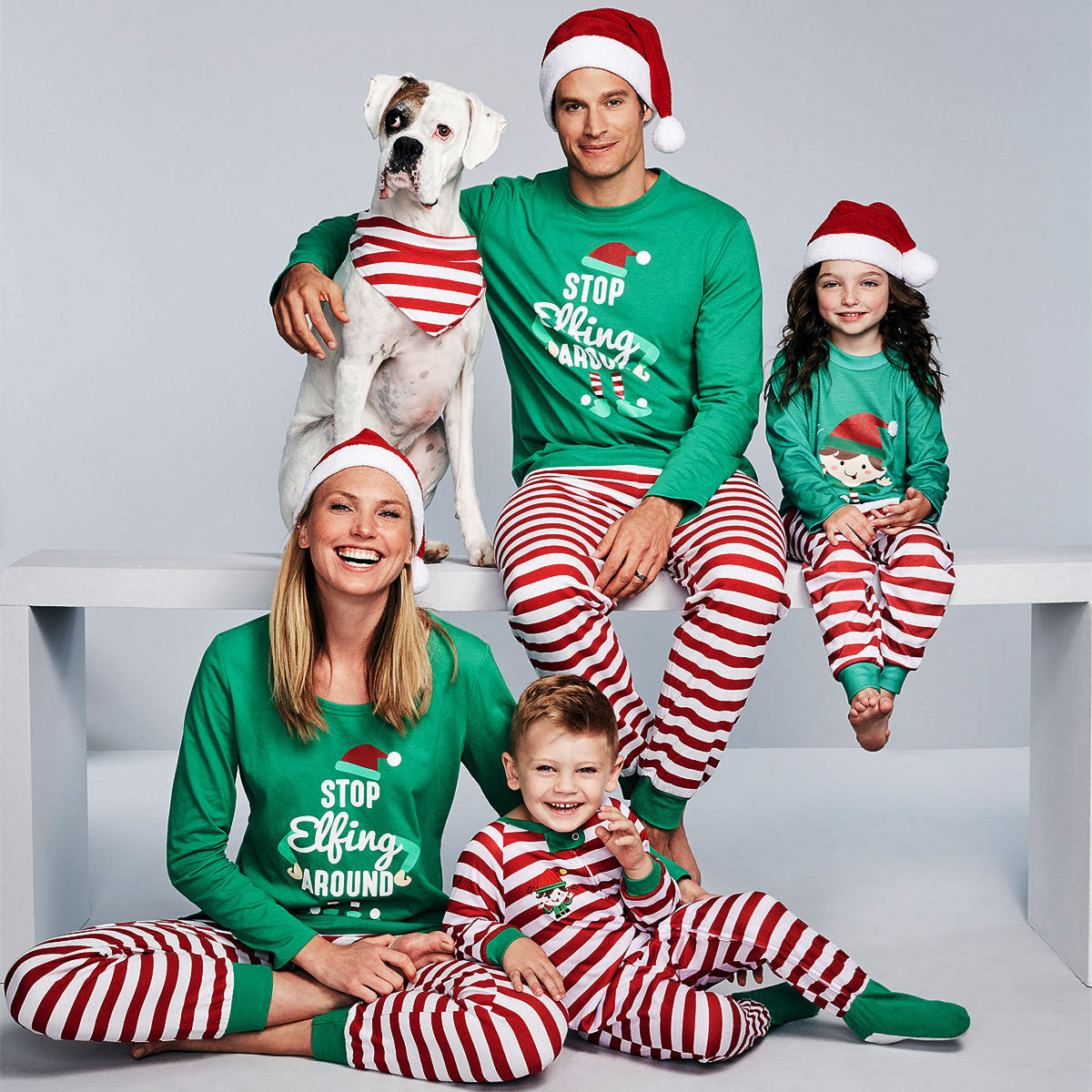 Green with Red Striped Pans Christmas Family Pajamas