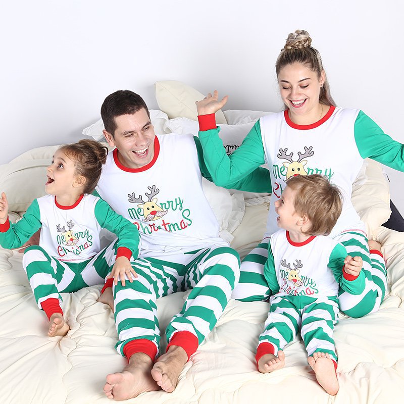 White / Green Long Sleeves Pajamas with stripes bottom - Merry Christmas Printed Top