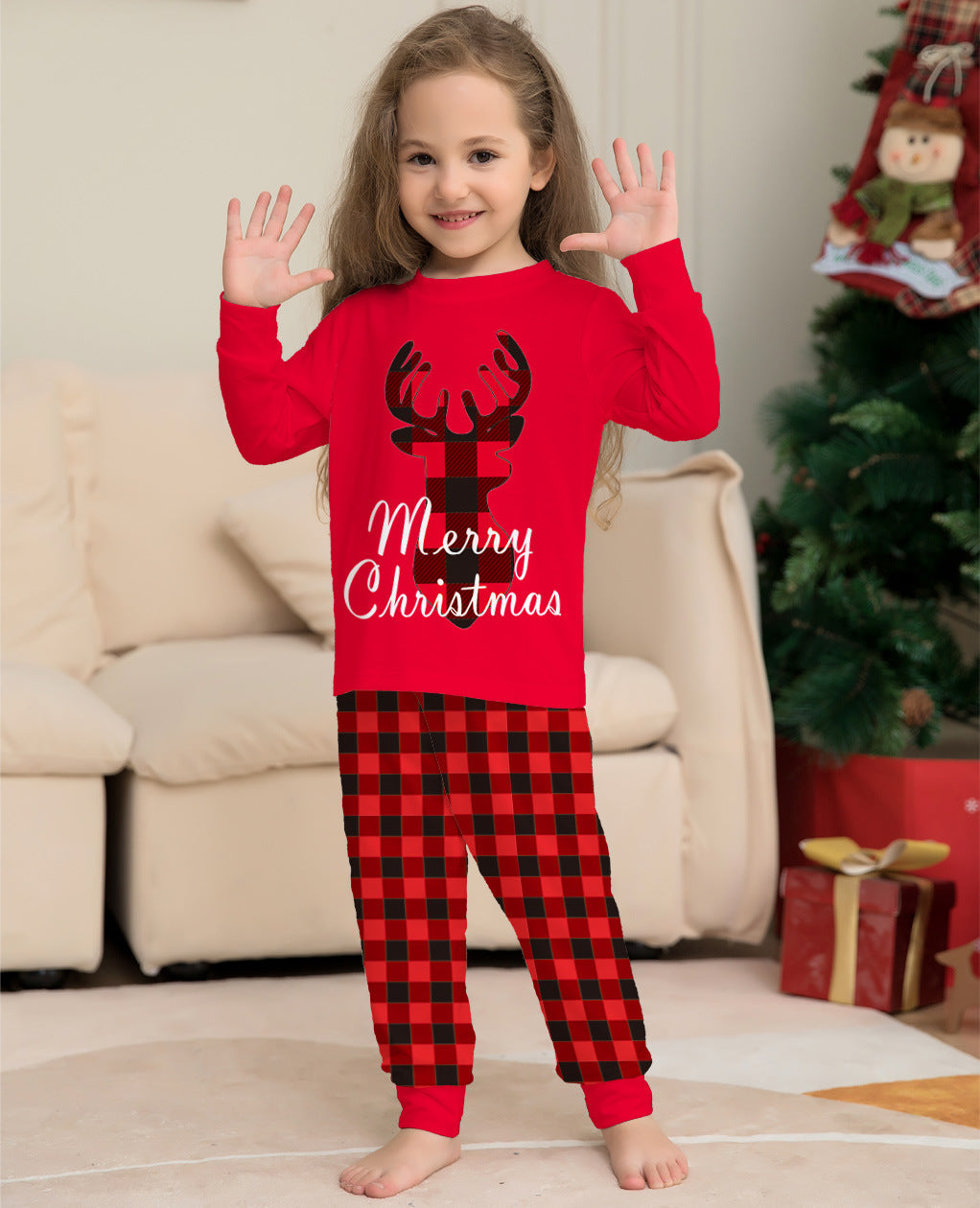 Christmas Family Matching Pajamas Set - Elk Top and Checkered Pants