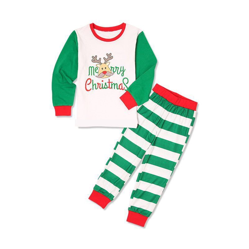 White / Green Long Sleeves Pajamas with stripes bottom - Merry Christmas Printed Top