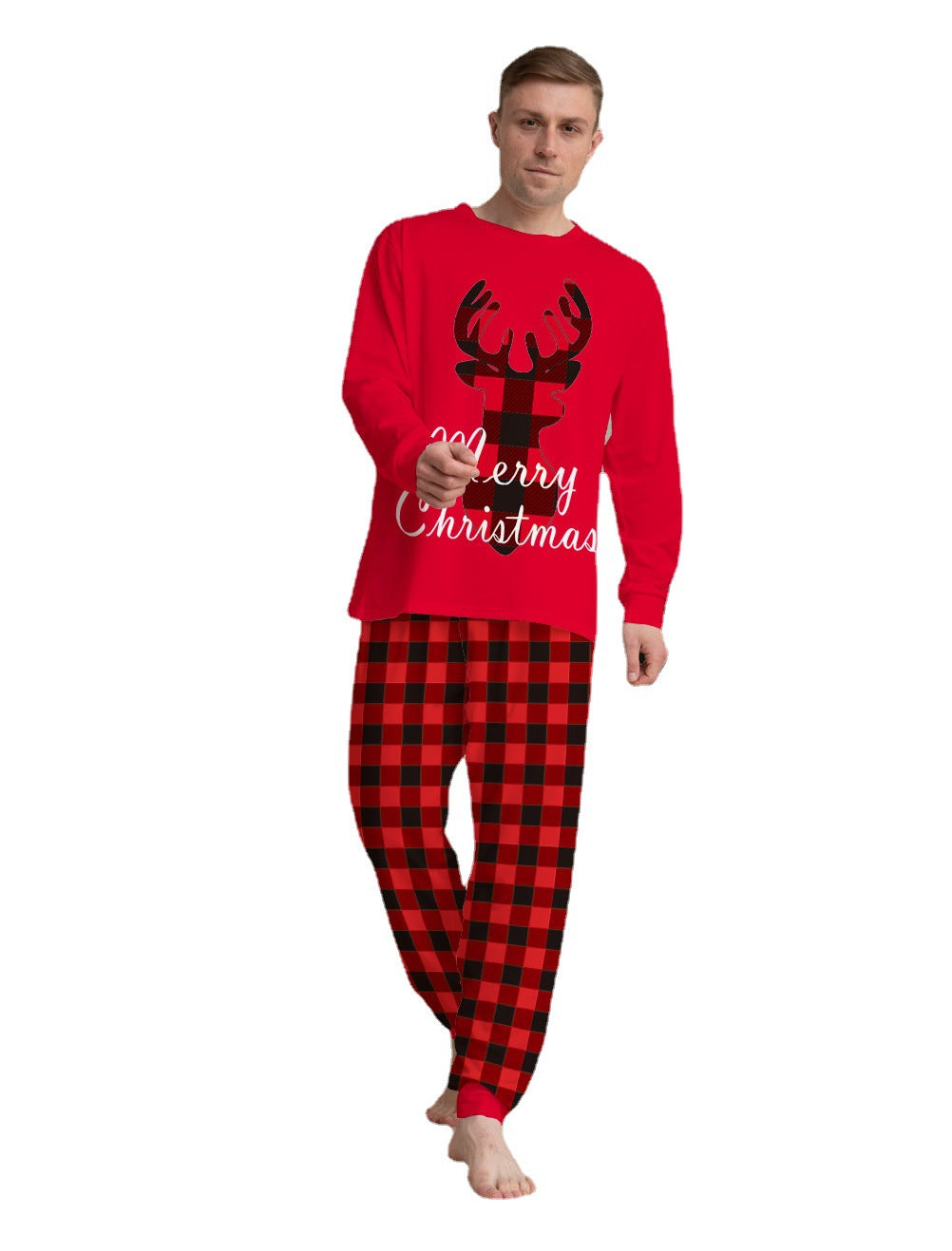 Christmas Family Matching Pajamas Set - Elk Top and Checkered Pants