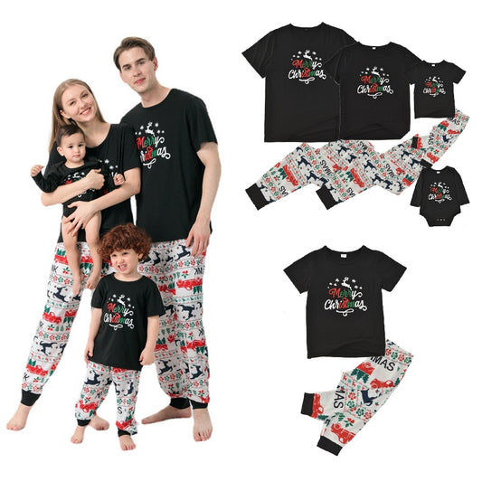 Black Short-sleeved with White Pants Family Christmas Pajamas