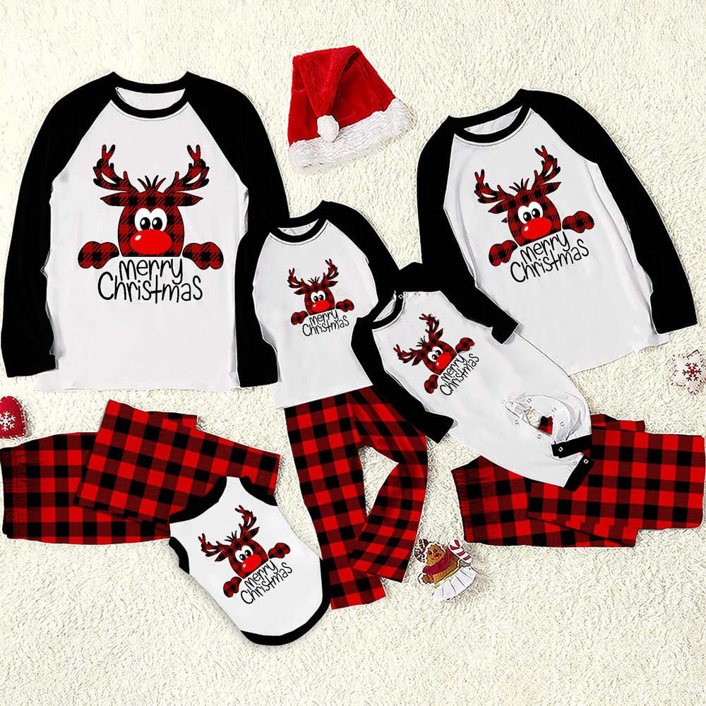 "Merry Christmas" Elk Black and White Family Christmas Pajamas Matching Sets