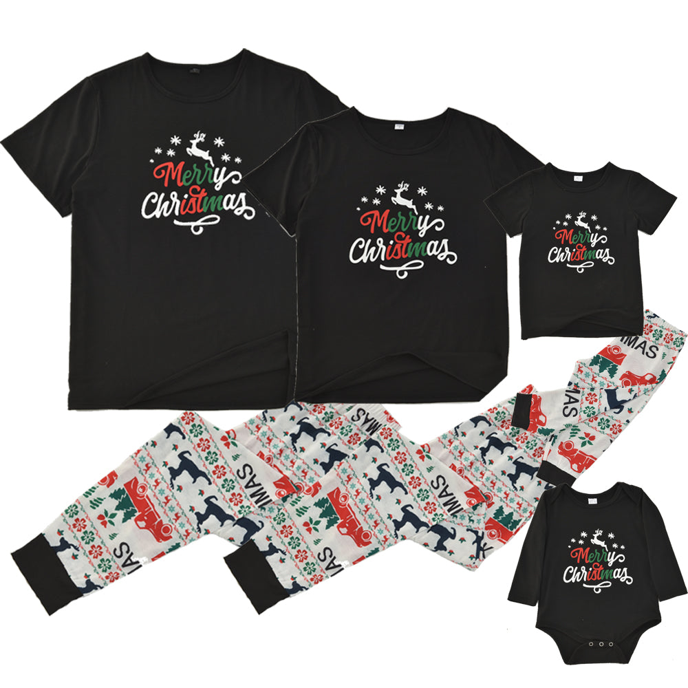 Black Short-sleeved with White Pants Family Christmas Pajamas