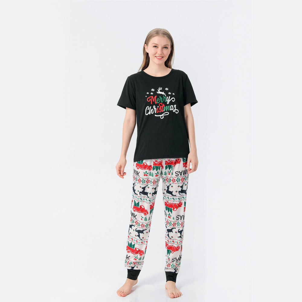 Black Short-sleeved with White Pants Family Christmas Pajamas