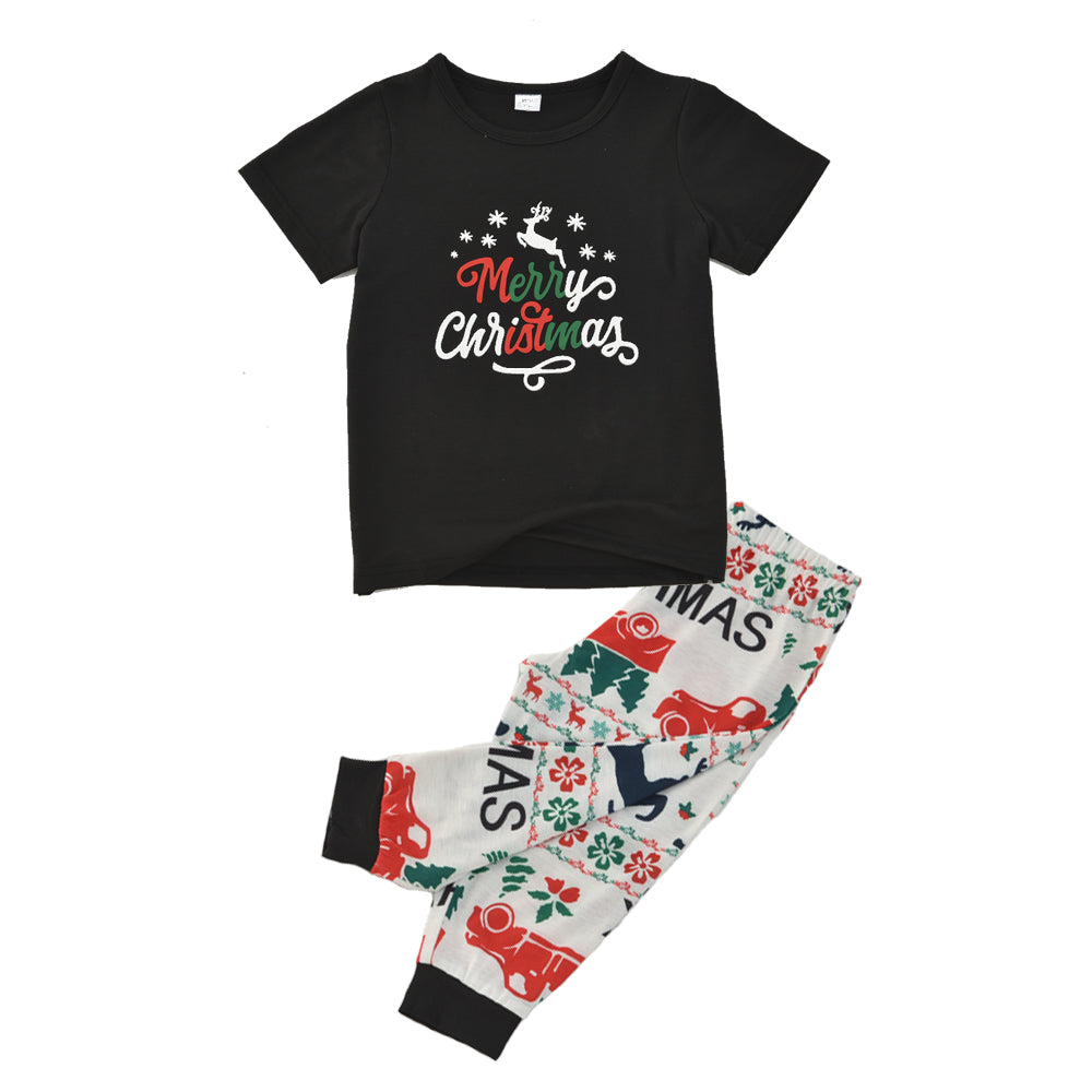 Black Short-sleeved with White Pants Family Christmas Pajamas