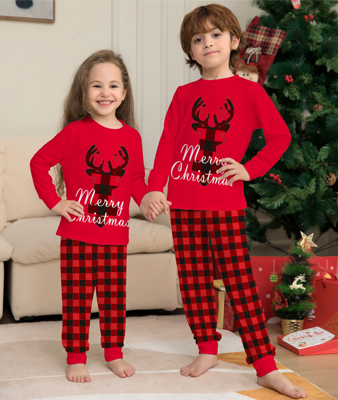 Christmas Family Matching Pajamas Set - Elk Top and Checkered Pants